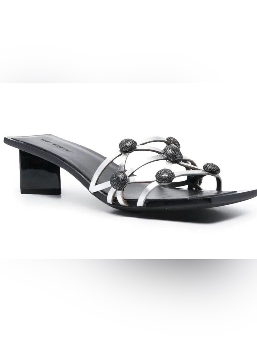 Tory Burch $670 NWOB CRYSTAL BOBBLE HEELED MULE SANDAL Silver/Black 5.5